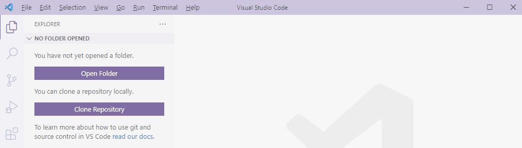 VS Code, в котором ничего не открыто