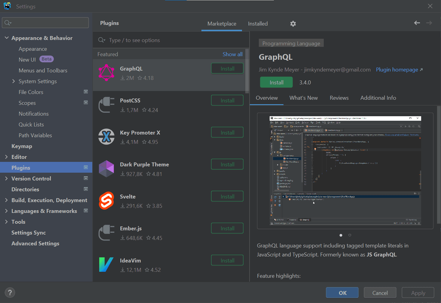 Установка расширений в WebStorm