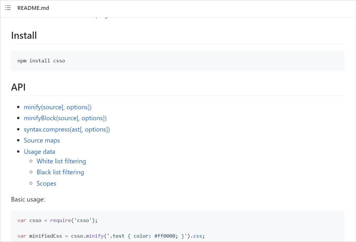 Пример файла README, который описывает установку пакета CSSO — минификатора CSS