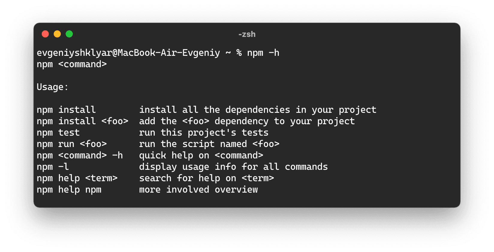 На скриншоте часть команд, доступных вместе с npm