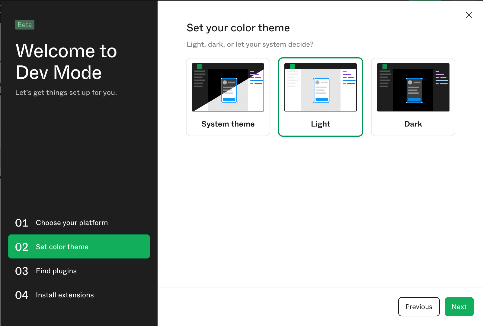 Выбор цветовой темы при настройке Figma Dev Mode.