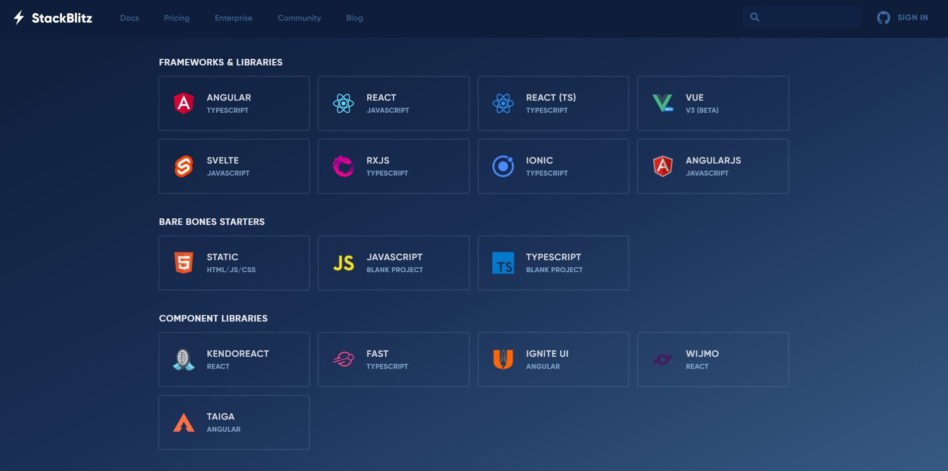 Доступные в StackBlitz библиотеки и фреймворки